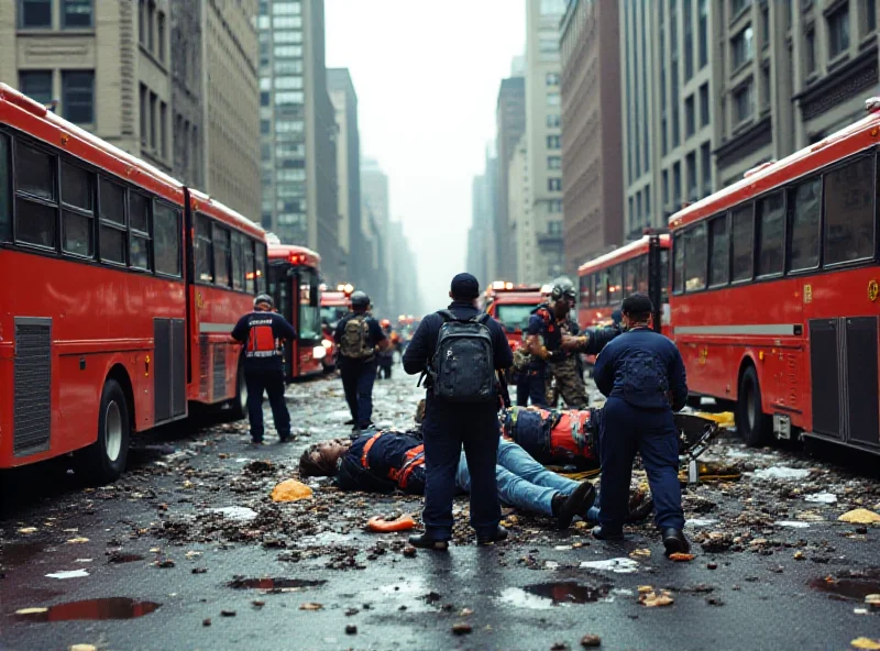 Emergency services attending the scene of a bus collision in a city.