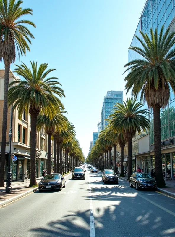 A wide avenue in Barcelona with palm trees and modern buildings lining the street.