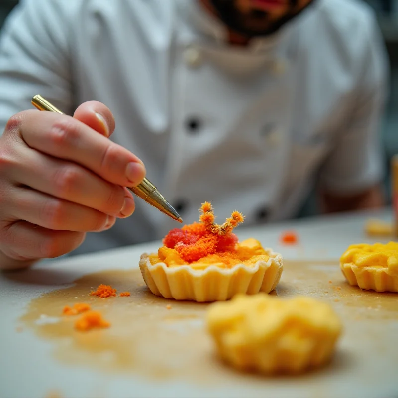 A pastry chef carefully decorating a delicate pastry with intricate details.