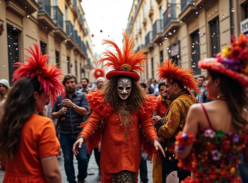 A vibrant street scene with people celebrating Carnival in Barcelona, colorful costumes, music, and decorations.