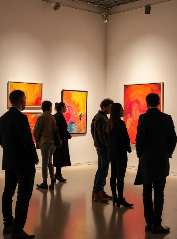 A modern art gallery exhibit featuring abstract paintings in bright colors.