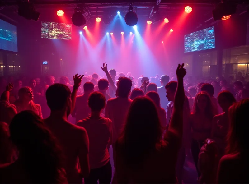 A lively scene inside a Barcelona nightclub in the afternoon, with people dancing and enjoying the music.