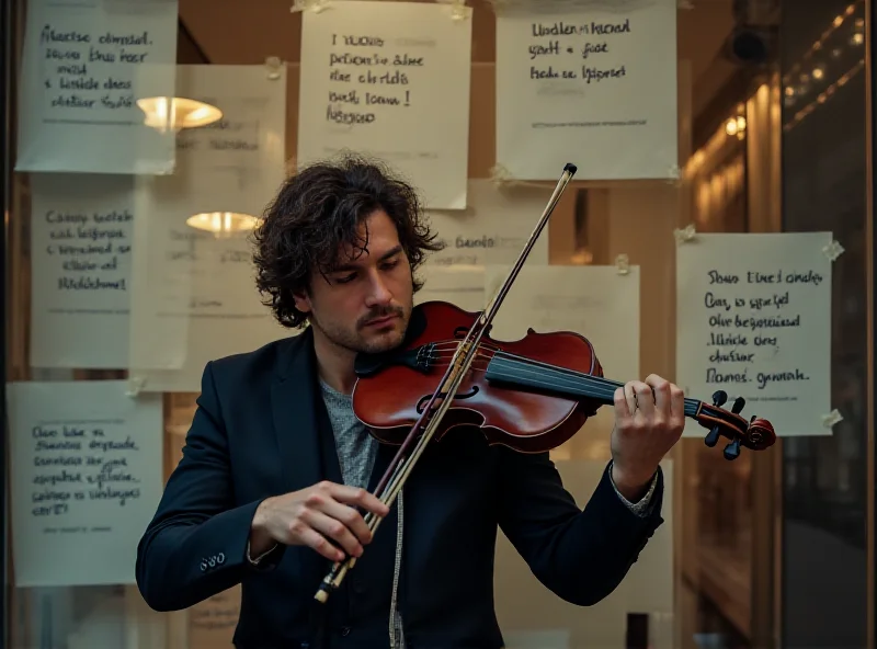 A violinist playing in front of a window with messages attached to it.