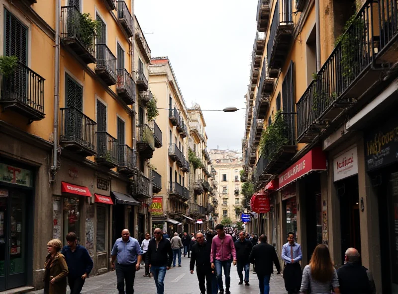 Crowded Barcelona street scene with apartment buildings in the background.