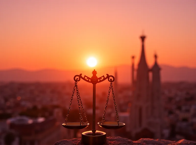 Scales of justice with a cityscape of Barcelona in the background.