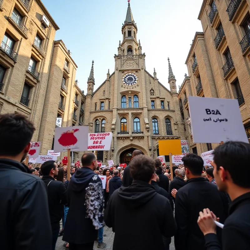 A protest scene outside Barcelona City Hall, with people holding signs related to linguistic normalization and artistic freedom.