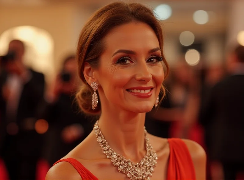 Loles León smiling at a red carpet event. She is wearing a stylish dress and jewelry.