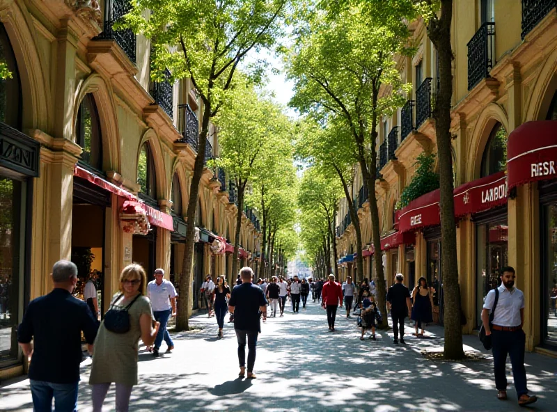 A wide, bustling street in Barcelona, Passeig de Gracia, with luxury shops and pedestrians. The street is lined with trees and historic buildings.