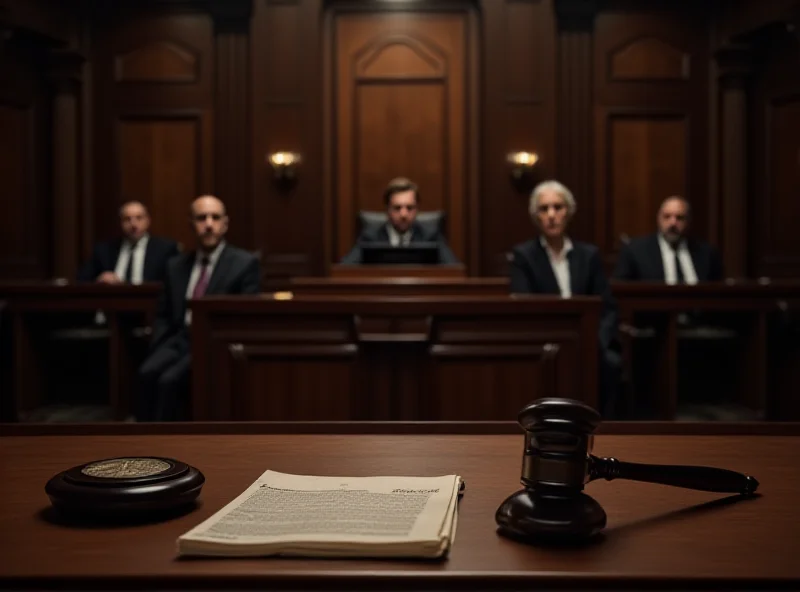 An image of a courtroom with a judge's bench and lawyers. The atmosphere is serious and formal.