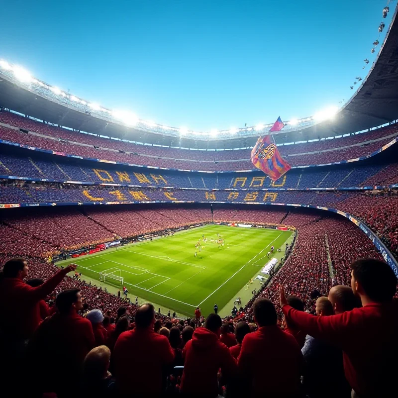 Wide shot of the Camp Nou stadium during a Barcelona football match, packed with fans