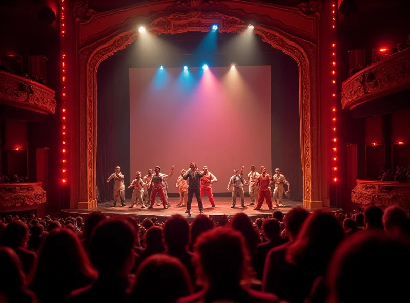 A vibrant Barcelona theater scene with a stage lit up during a performance.