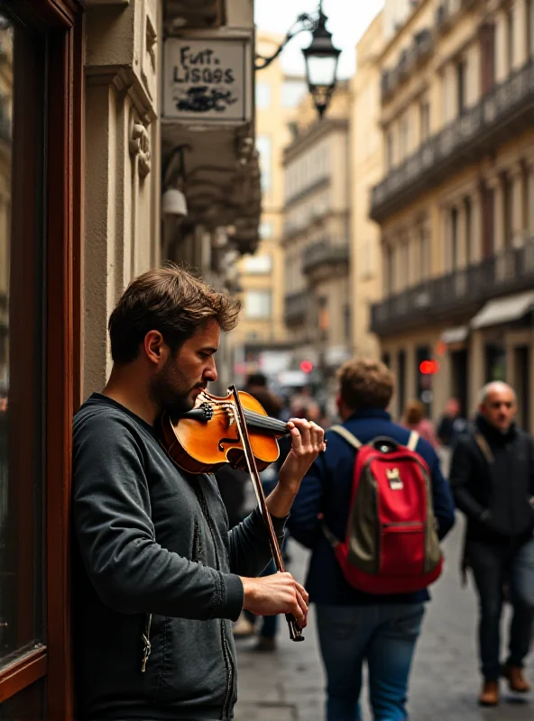 A violinist playing in a hotel window in Barcelona, responding to messages from the street below.