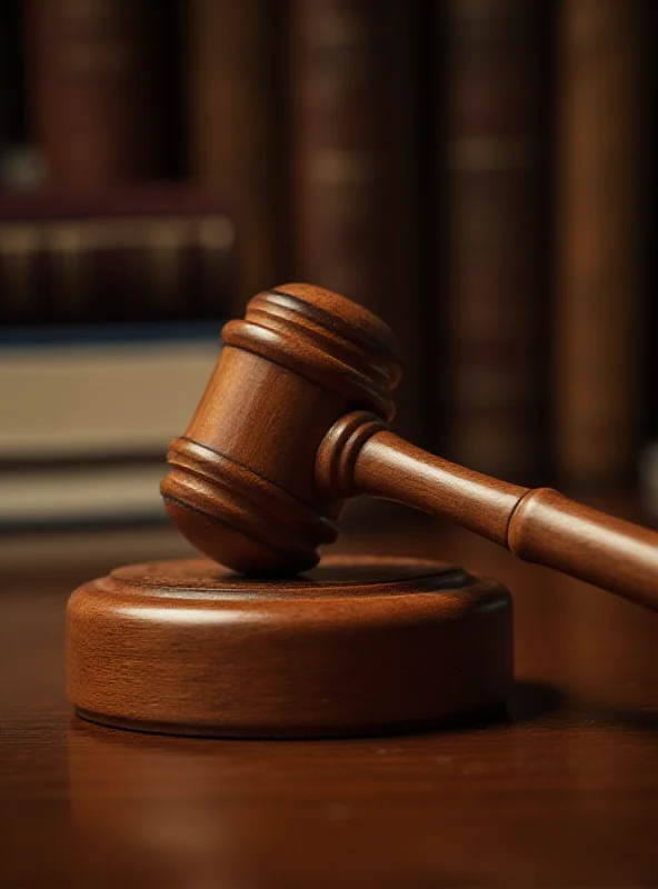 A gavel resting on a wooden block in a courtroom setting.