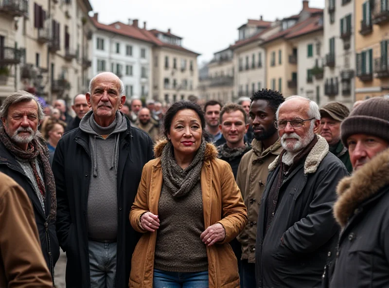 A diverse group of people standing together in a Basque town square, representing the region's multiculturalism and the debate surrounding immigration.