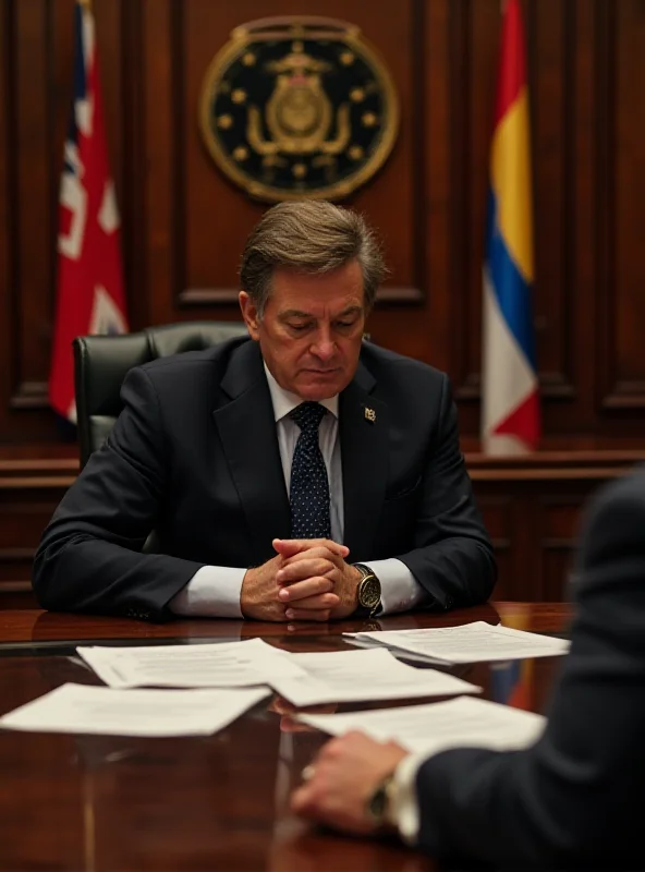 A serious-looking politician, Pradales, sitting at a table across from Pedro Sánchez, both engaged in intense negotiations over financial documents. The setting is a formal government office.