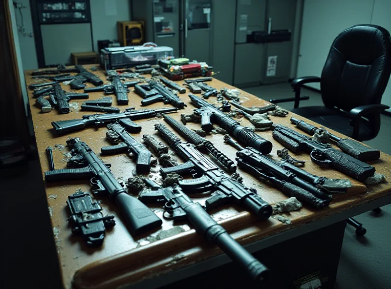 A collection of seized assault rifles and other firearms laid out on a table, evidence from a recent drug trafficking investigation in Bordeaux. The scene is from a police evidence room.