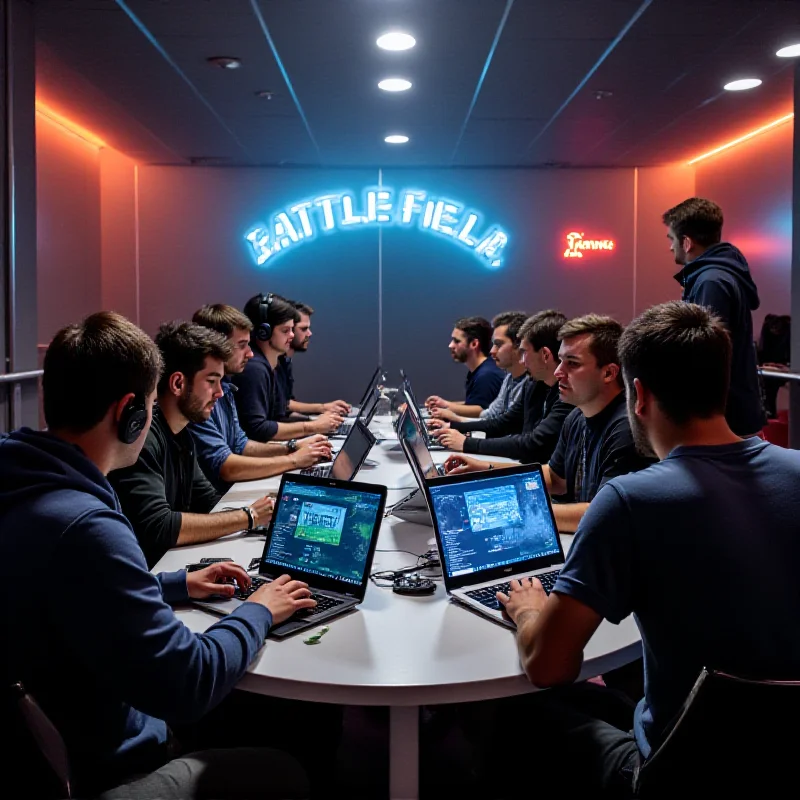 A group of diverse gamers participating in a Battlefield Labs testing session, providing feedback on laptops.