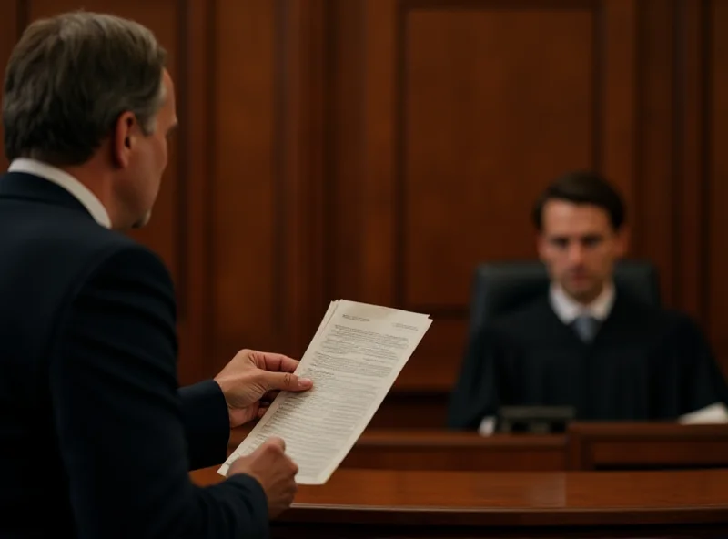 A lawyer holding documents and speaking in front of a judge in a courtroom setting, symbolizing the legal battle over art restitution.