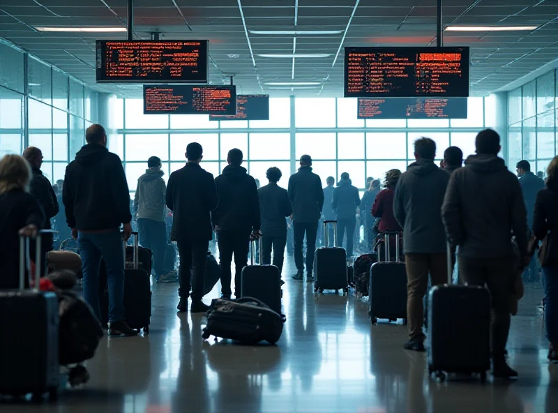 A chaotic scene inside Munich Airport, showing frustrated travelers and canceled flight information on the departure boards, reflecting the impact of the Verdi warning strikes.