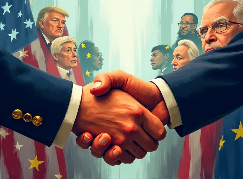 A digital illustration of a handshake between the American and Ukrainian flags, symbolizing the raw materials agreement, with a backdrop of concerned European leaders.