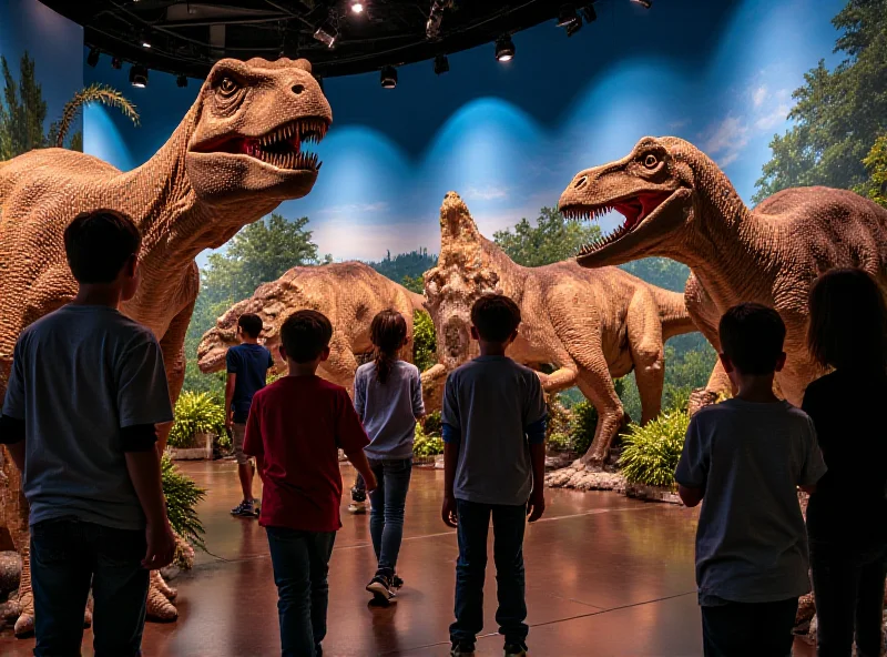 A vibrant and colorful display of animatronic dinosaurs in a museum setting.