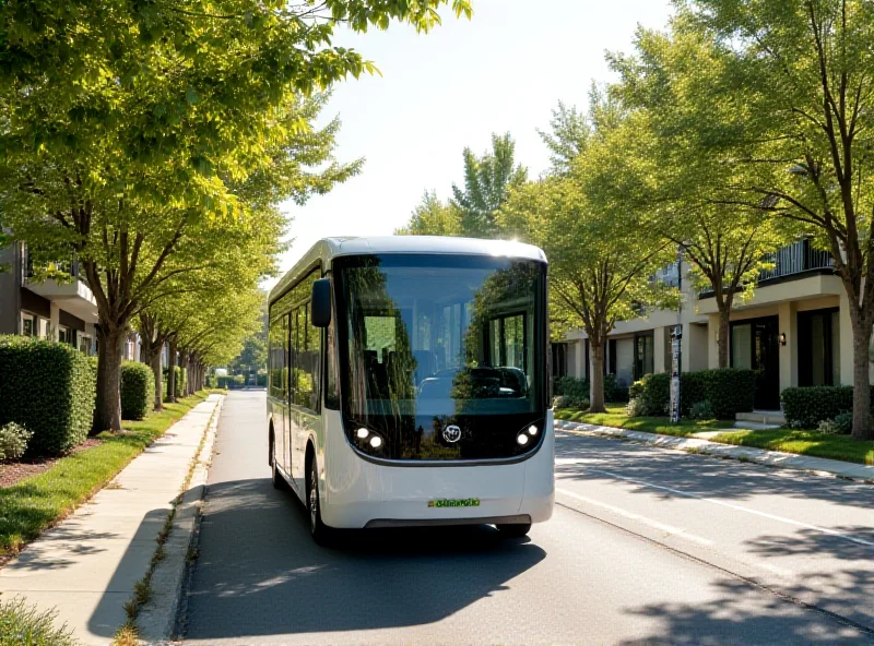 Electric shuttle driving through a suburban neighborhood with green trees and modern houses.