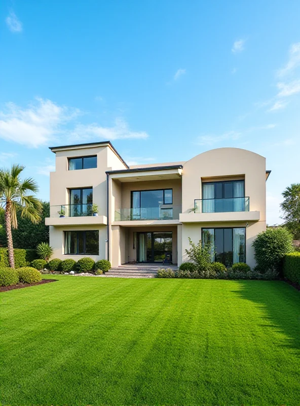 Modern two-story house with a well-manicured lawn and a blue sky in the background.