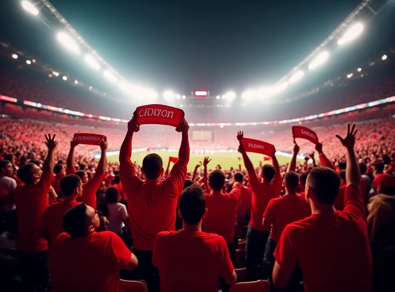 A packed stadium with FC Bayern fans celebrating, holding up scarves and banners. Red and white colors dominate the scene.