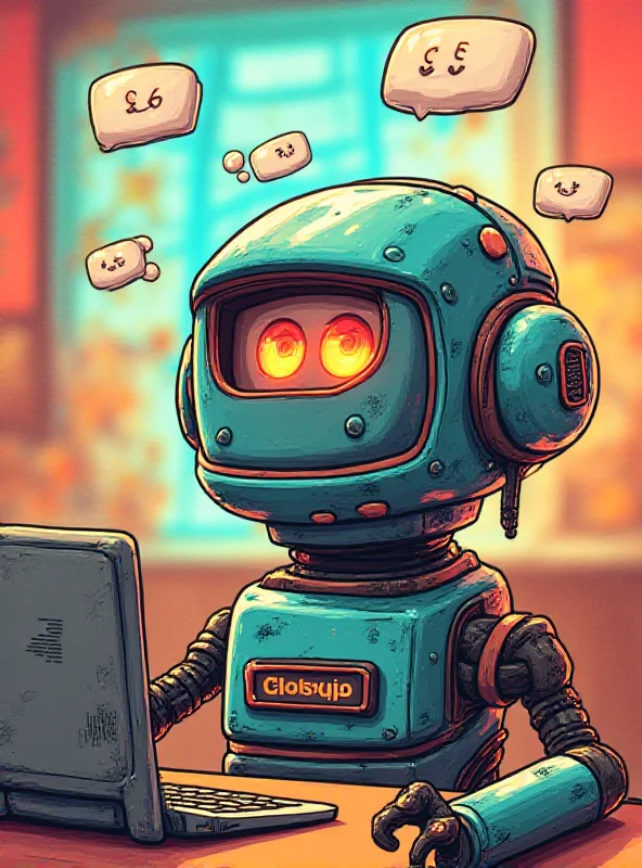 A cartoonish robot named Seu Fifi with a screen displaying gossip bubbles. The robot has a mischievous expression.