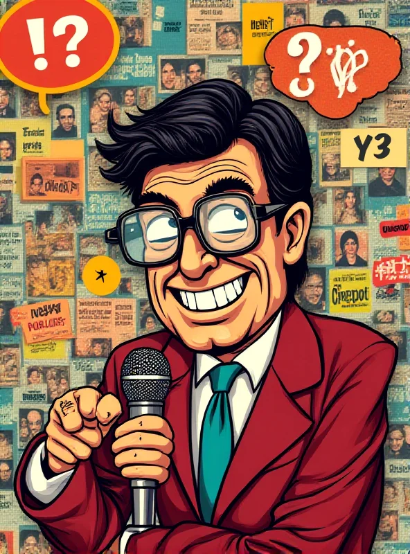 A cartoon depiction of a gossip columnist with a microphone