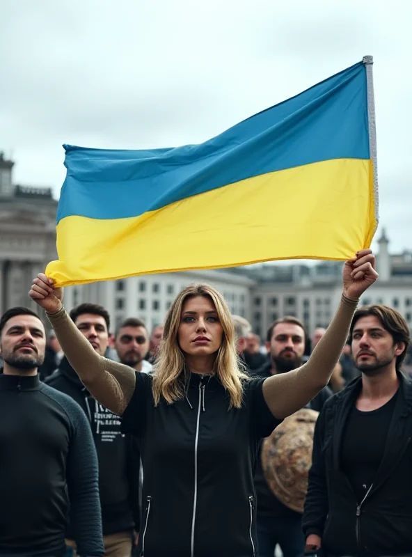 A group of Ukrainian citizens standing together holding a Ukrainian flag.