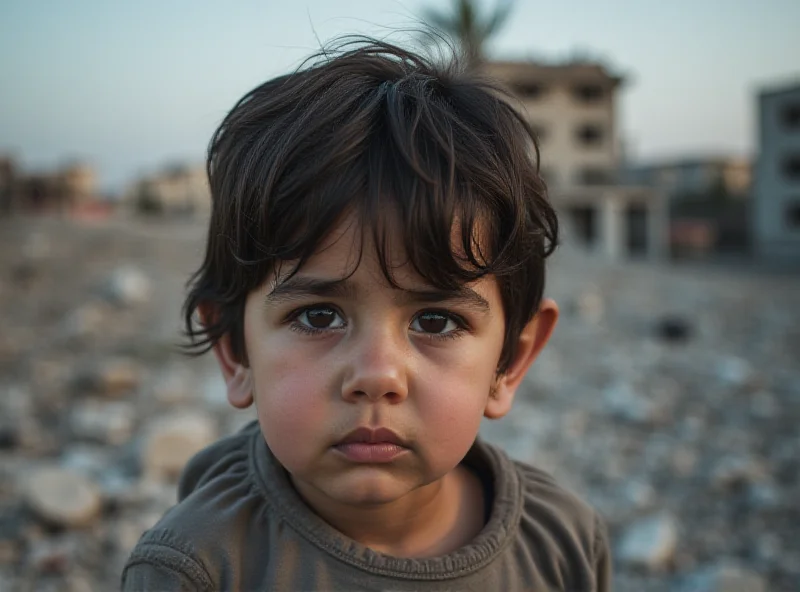 Image of a young child in Gaza looking distressed, with bombed buildings in the background.