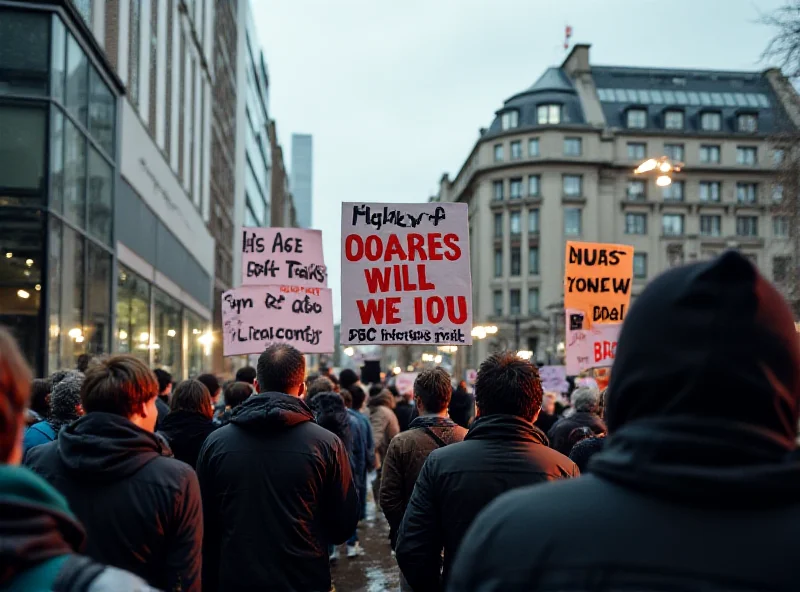 A protest outside BBC headquarters, with people holding signs and banners criticizing the BBC's coverage of the Gaza conflict.