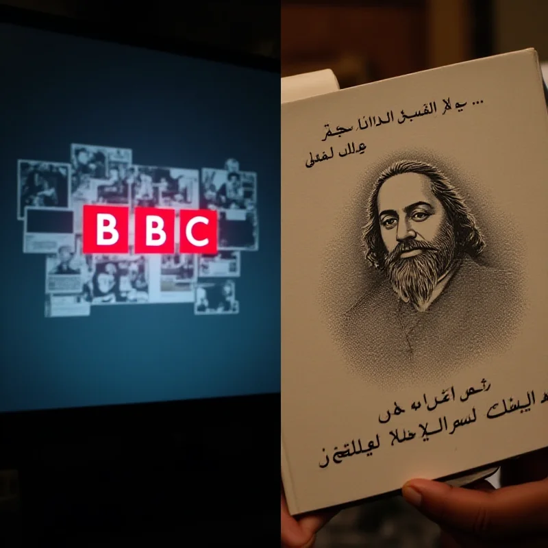 A split image: On the left, a television screen displaying the BBC logo. On the right, a book cover with Arabic script.