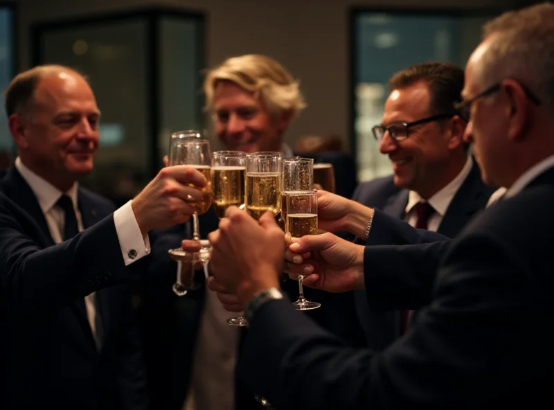 A group of smiling, well-dressed bank executives toasting with champagne glasses in a modern office setting.