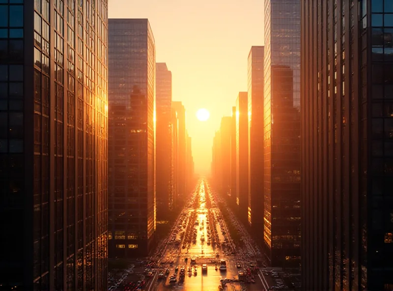 A modern financial district in a large city, with skyscrapers and bustling streets. The sun is setting, casting a golden glow over the scene.