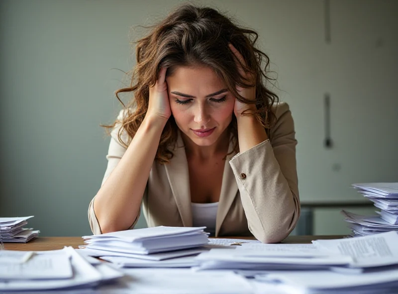 Woman sitting at a desk, overwhelmed by paperwork, looking stressed. An affirmation quote overlay reads: 'I can do this!'