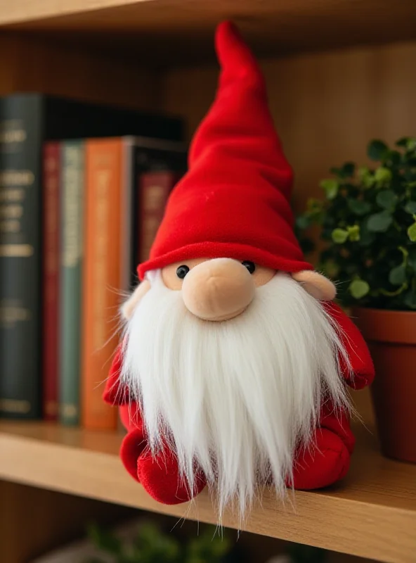 Close up shot of a red and white gnome plush sitting on a shelf with a blurred background of other home decor items.