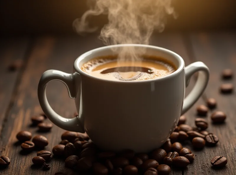 A steaming mug of decaf coffee with coffee beans scattered around it on a wooden surface.