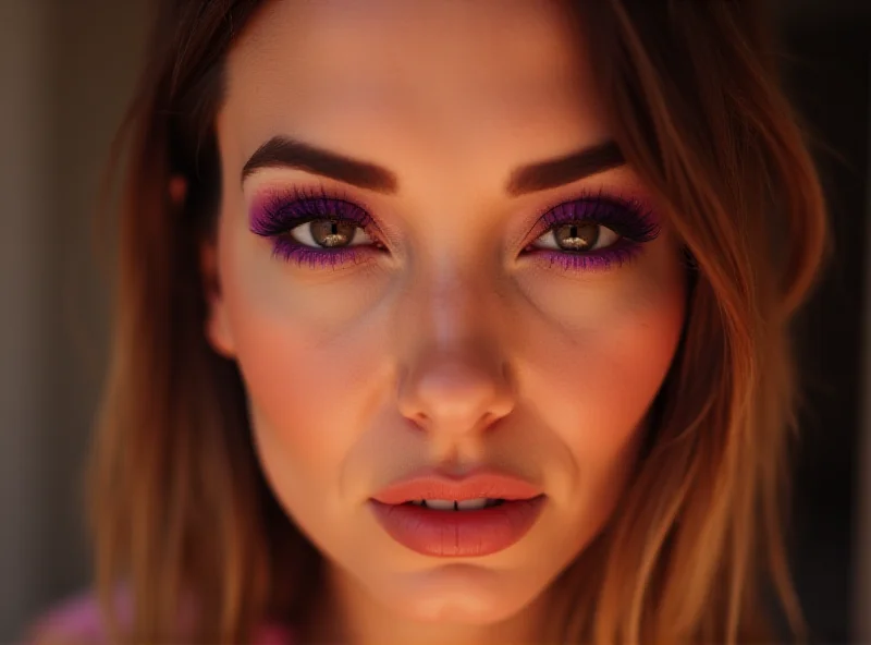 Woman with vibrant purple mascara looking confidently at the camera.