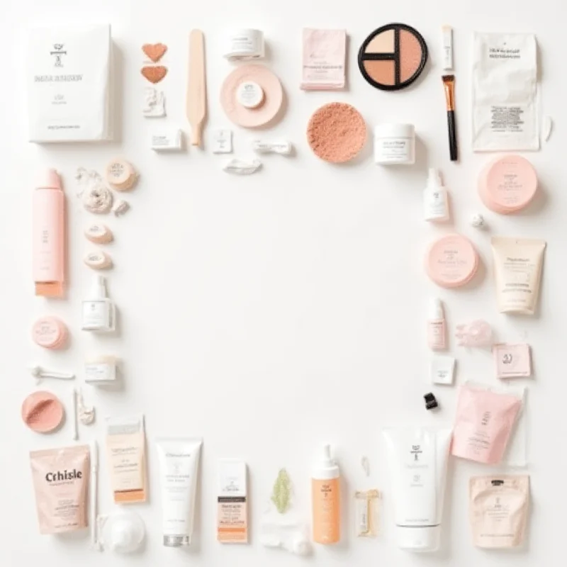 A collection of various beauty products arranged artfully on a clean surface.