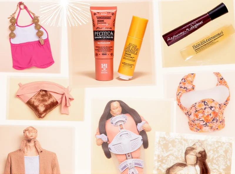 Collage of various beauty products and lifestyle items, including mascara, sunscreen, and workout clothes.