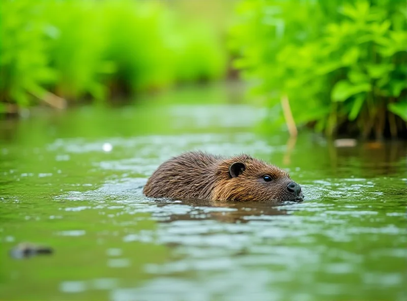 Beaver swimming in a river, surrounded by lush greenery.