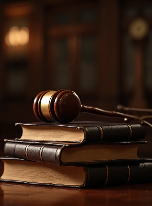 A gavel resting on a stack of law books in a courtroom setting.