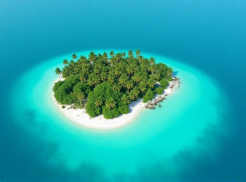 Aerial view of a small tropical island with palm trees and turquoise waters, showing the vulnerability to sea level rise.