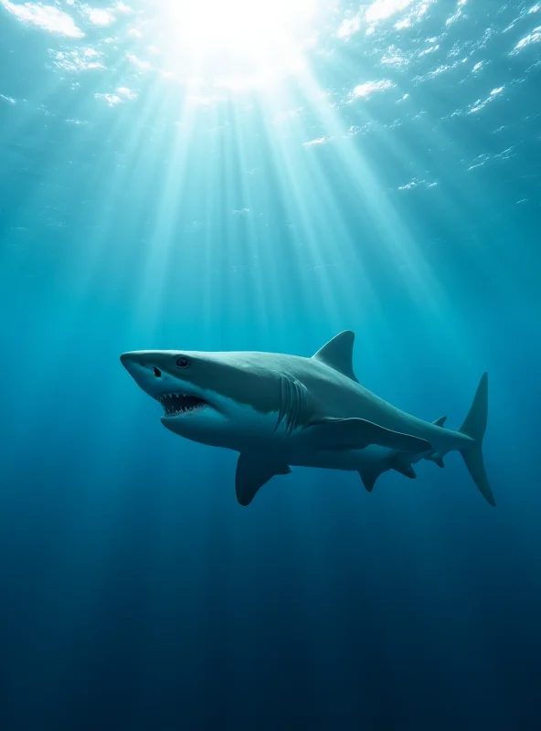 A great white shark swimming underwater with sunlight filtering through the ocean surface.