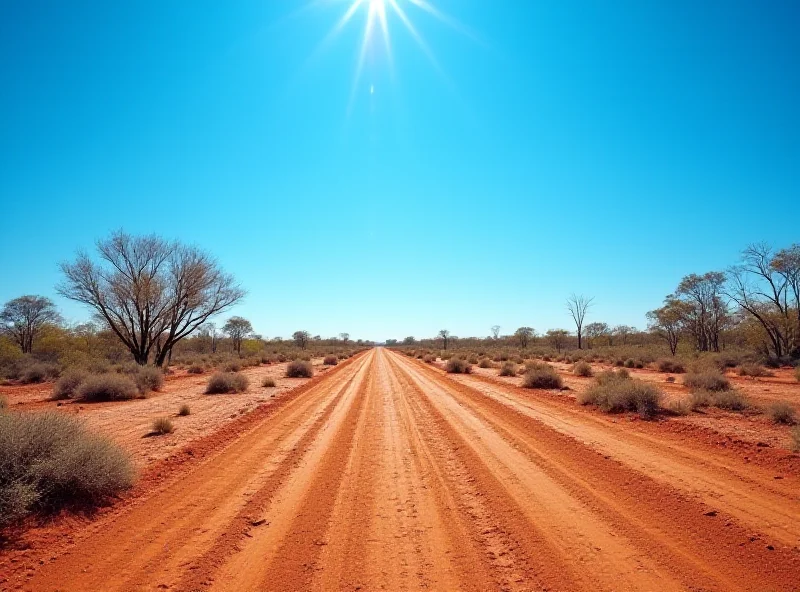 A dry, cracked Australian landscape under a scorching sun, symbolizing the effects of climate change and drought.