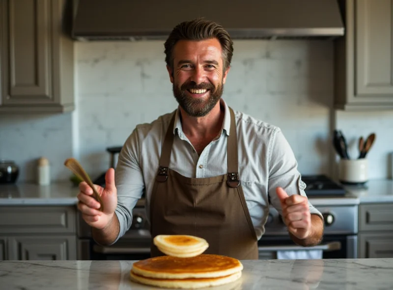 David Beckham making pancakes in his kitchen.