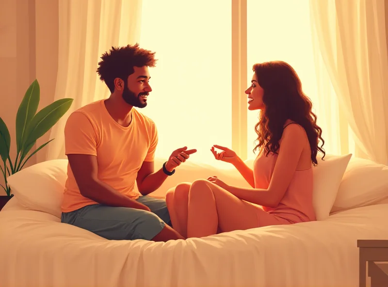 Illustration of a diverse couple in a relaxed, intimate setting in a bedroom, bathed in soft, warm light.