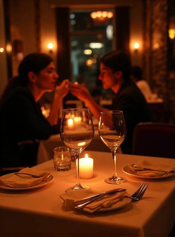 A photograph of a romantic restaurant setting with a table set for two, featuring candles, wine glasses, and a partially visible couple in the background.